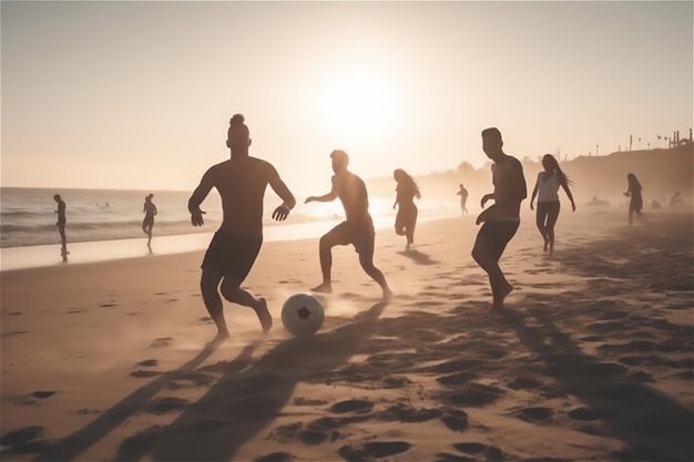 Strandballers jongeren spelen met strandbal op strand gevoel van speelsheid en opwinding