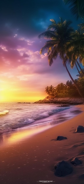 Strandbehang met een zonsondergang en palmbomen