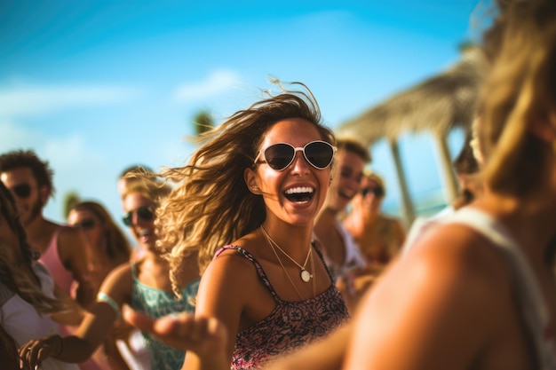 Strandclubfeest met mensen die dansen en genieten van de muziek onder de warme zon Generatieve AI