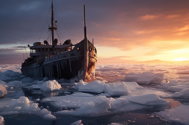 A stranded vessel trapped in frozen ice