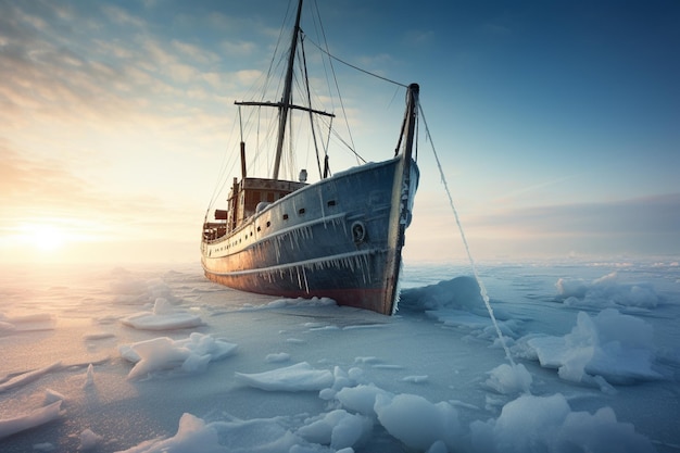 Photo a stranded vessel trapped in frozen ice