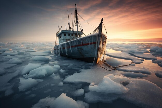 Photo a stranded vessel trapped in frozen ice