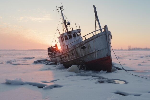 Photo a stranded vessel trapped in frozen ice