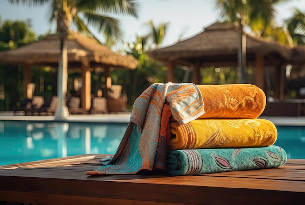 strandhanddoeken op een houten bank bij een groot zwembad in de stijl van een weelderig landschap
