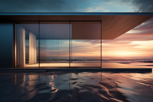 Strandhuis in het midden van een kamer met een open deur in de oceaan