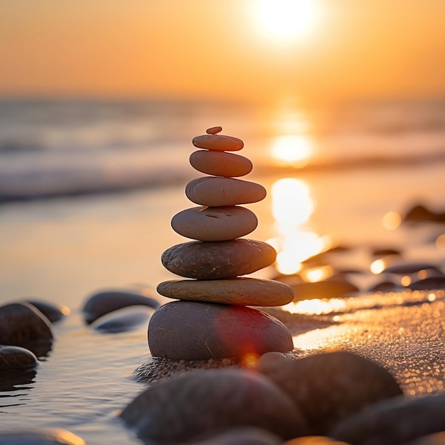 Strandkiezelstenen Stapelen bij Zonsopgang Generatieve AI