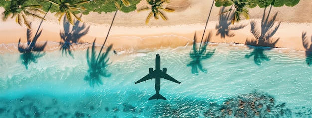 Strandparadijs gezien van boven met vliegtuigschaduw