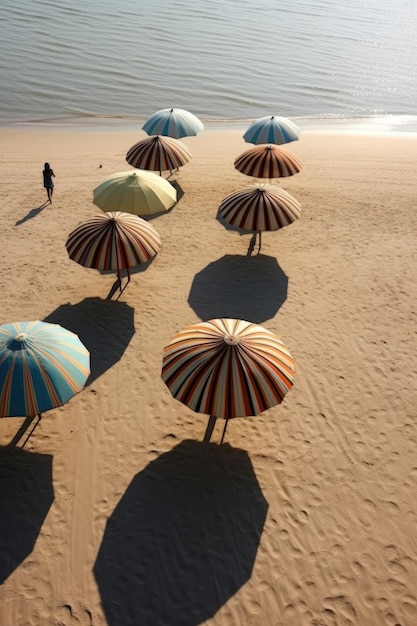 Strandparaplu's werpen schaduwen op het zand in de buurt van water gemaakt met generatieve AI