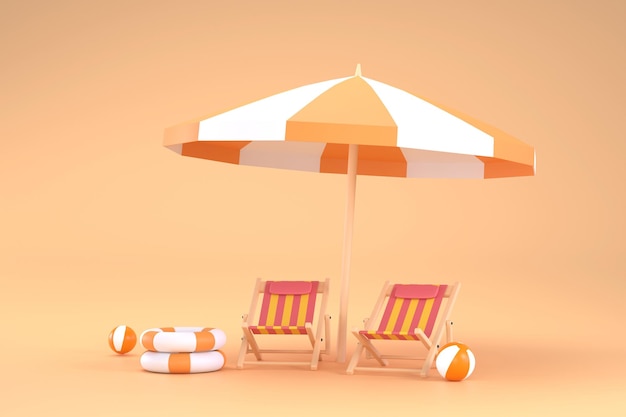 Strandparasol strandbal zwemring en strandstoel Zomer reizen en vakantie concept