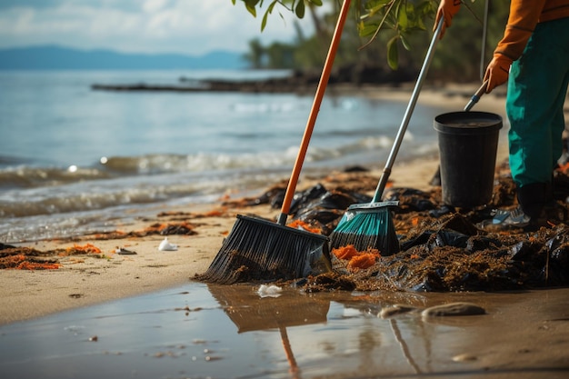 Strandreinigers verzamelen vuilnis met raken om de kust op te ruimen