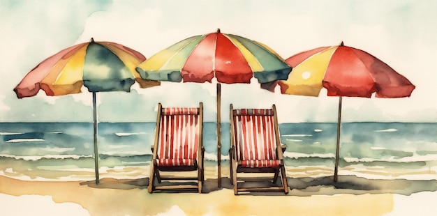 Strandresort achtergrond stoel strand aquarel zomer stoel vakantie rust ontspannen paraplu Generatieve AI