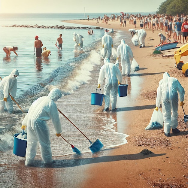 Strandschoonmaakploeg in het juiste schoonmaakuniform met bakken en bezems