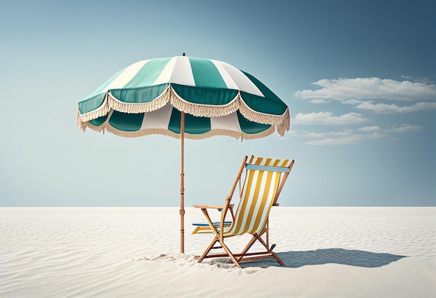 Strandstoel en paraplu op het zand tegen blauwe hemel met wolken generatieve ai