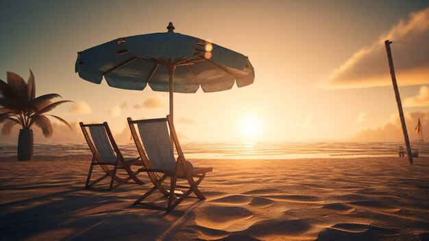 Strandstoel en parasol met een palm Generatieve Ai