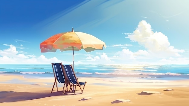 Strandstoel en parasol op het strand Zonnige dag aan de kust van de oceaan Reisparadijsconcept Generatieve AI