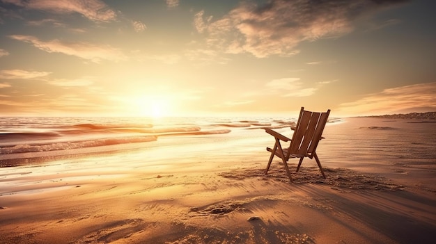 Strandstoel en parasol op mooi strand Zonsondergang over oceaan Reisparadijs concept Generatieve AI