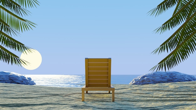 Strandstoel genieten van de strandzonsondergang 3d render zomer tropische achtergrond