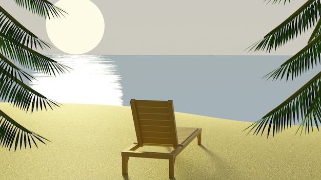 strandstoel genieten van de zonsondergang op het strand 3d render zomer tropische background