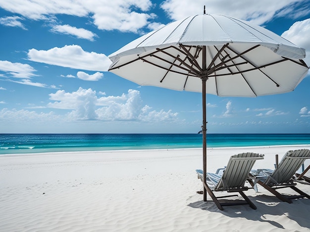 Strandstoelen en parasol op wit zandstrand met turkoois water