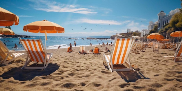 Strandstoelen met een parasol op het strand Zee en blauwe lucht Generatieve AI