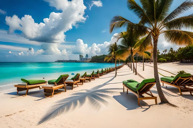 strandstoelen op een tropisch strand met palmbomen en een blauwe lucht