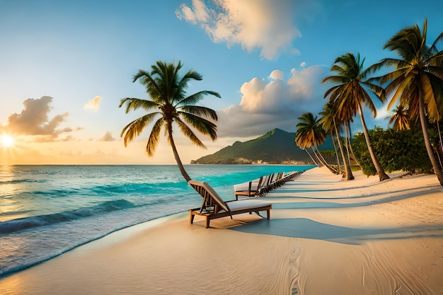 Strandstoelen op een tropisch strand met palmbomen op de achtergrond