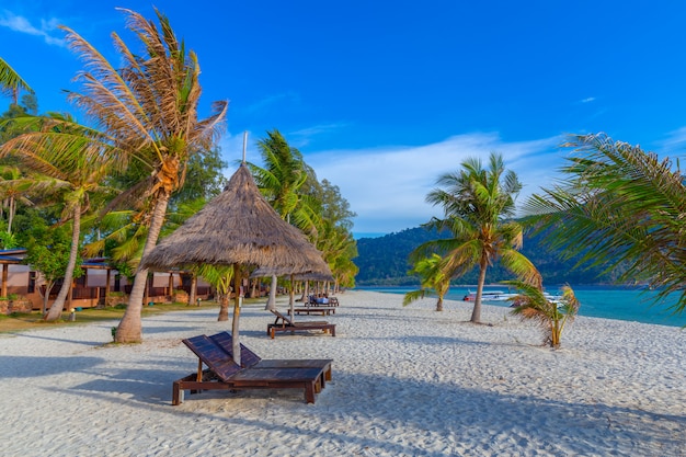 Strandstoelen, parasol en palmen op het prachtige strand voor vakantie en ontspanning op Koh Lipe eiland, Thailand