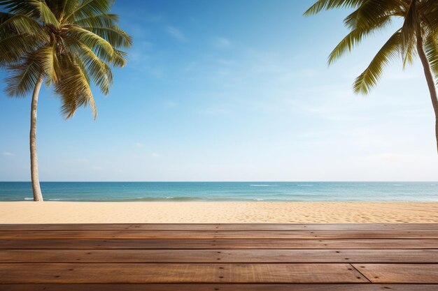 Strandtafel achtergrond houten tafel voor het product op een zonnig tropisch zomerstrand van hoge kwaliteit