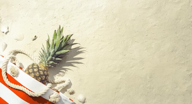 Strandtas met ananas ligt op wit zand op het strand