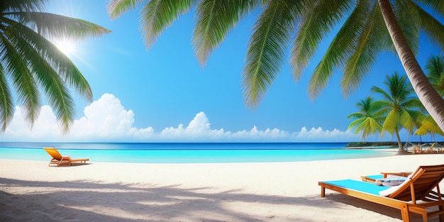 Strandvakantie achtergrond Mooi strand met wit zand turkoois oceaanwater en blauwe lucht met wolken in zonnige dag Panoramisch zicht Generatieve AI achtergrond voor zomervakantie