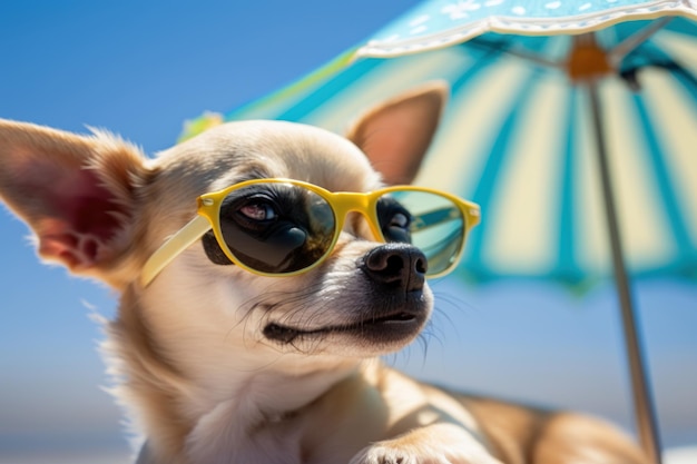 Strandvakantie met grappige chihuahua-hond in het resort Generative AI