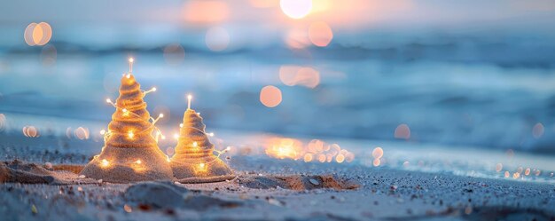 Strandvakantie viering zandkastelen met lichten warmte in de winter