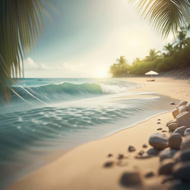 Strandzicht met palmbomen en stenen details Generatieve ai