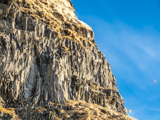 Strange basalt rock mountain near Reynisfjara black sand beach in Vik town Iceland