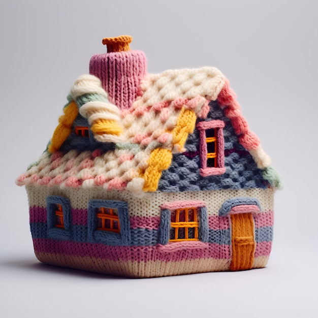 a strange house made by hand from woolen threads and balls a warm toy little cottage