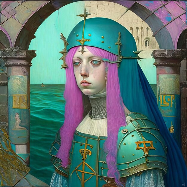 Foto uno strano ritratto di una donna con i capelli blu composizione in stile medievale