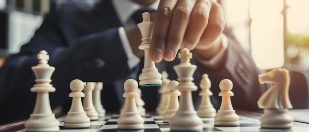 戦略的な動き 戦略的思考と集中を体現する チェスボード上の女王を自信をもって操縦する手