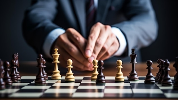 Strategic Moves Closeup Hand Executes Checkmate Symbolizing a Triumph in the Game of Business