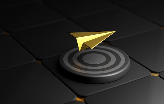 Photo strategic success paper planes hitting gold targets on black background