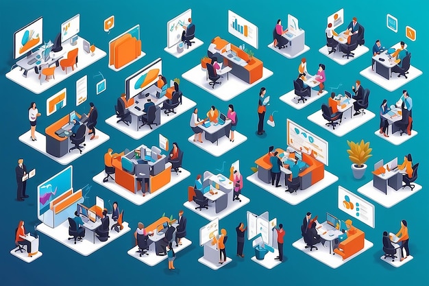 Photo strategic synergy isometric business teamwork in 3d vector workspace illustration