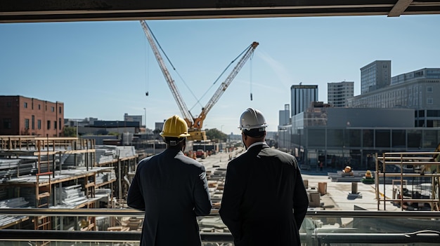 Photo strategic vision business duo overseeing commercial plaza progress