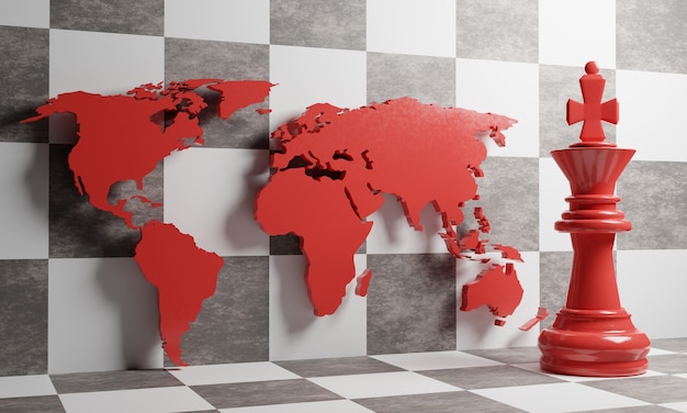 Foto strategie concept. schaakkoning en wereldkaart op de achtergrond van het schaakbord. 3d illustratie