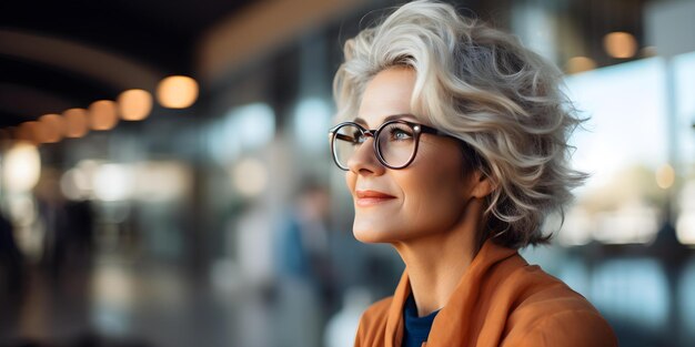 Strategie met vastberadenheid Een zelfverzekerde en gefocuste volwassen vrouw in een bril Concept zelfvertrouwen Focus vastberadenness Volwassen vrouw bril