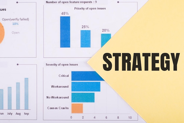 Foto strategie woord op gele achtergrond met financiële grafieken en diagrammen