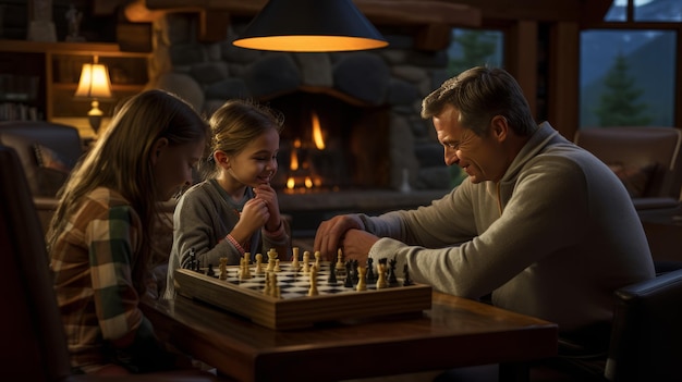 Strategisch gezinsplezier Een schaakspel in de woonkamer van de lodge