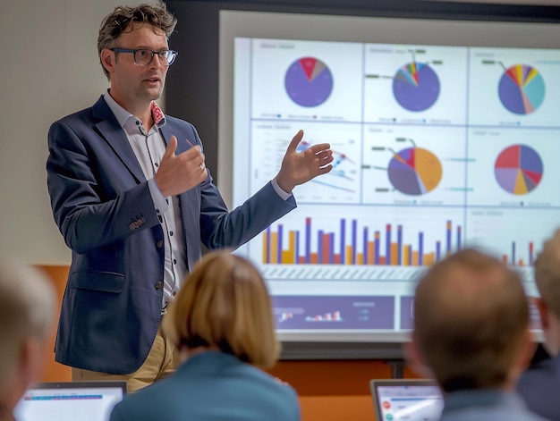 Strategische inzichten CEO zakenman toont gegevens voor presentatie op bedrijfsconferentie