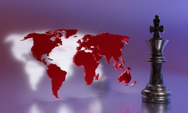 Photo strategy concept. chess king on the background of the world map. 3d illustration