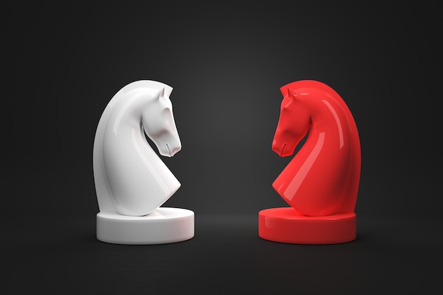 Strategy Concept of Horse chess board game on black color background. 3D Render.