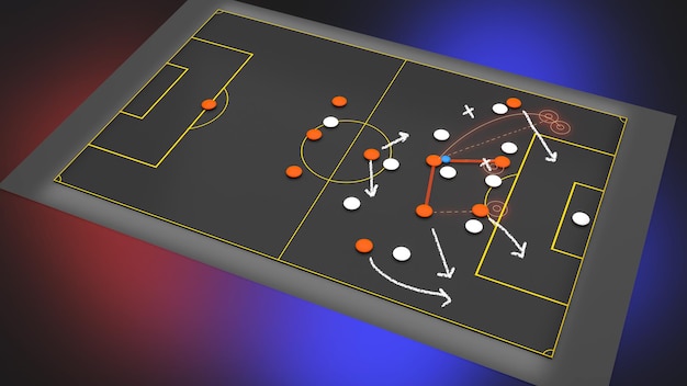 Pianificazione strategica per partite di calcio, strategia aziendale, lavoro di squadra, business plan, rendering 3d