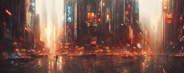 Straten van Cyberpunk-stad Heldere gloeiende huizen en ramen van wolkenkrabbers van een fantastische stad van de toekomst Neonreclameborden 3d illustratie
